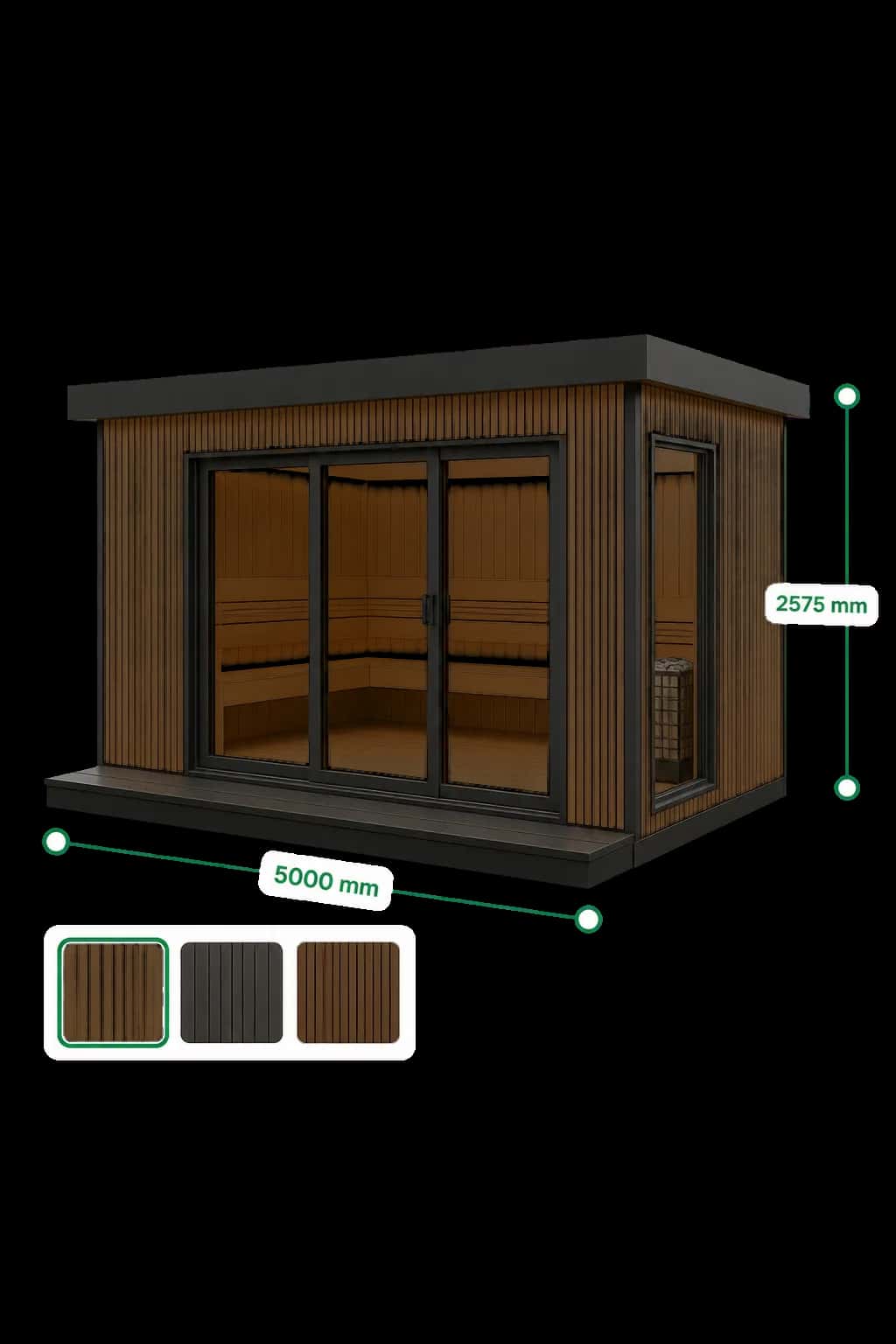 3D configurator render of an outdoor sauna with built-in dimension labels and color swatches.