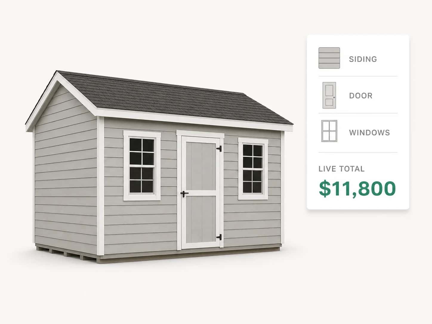 Shed design software pricing a 12 by 16 gable storage shed, with a floating card naming the siding, door, and window options the buyer picked.