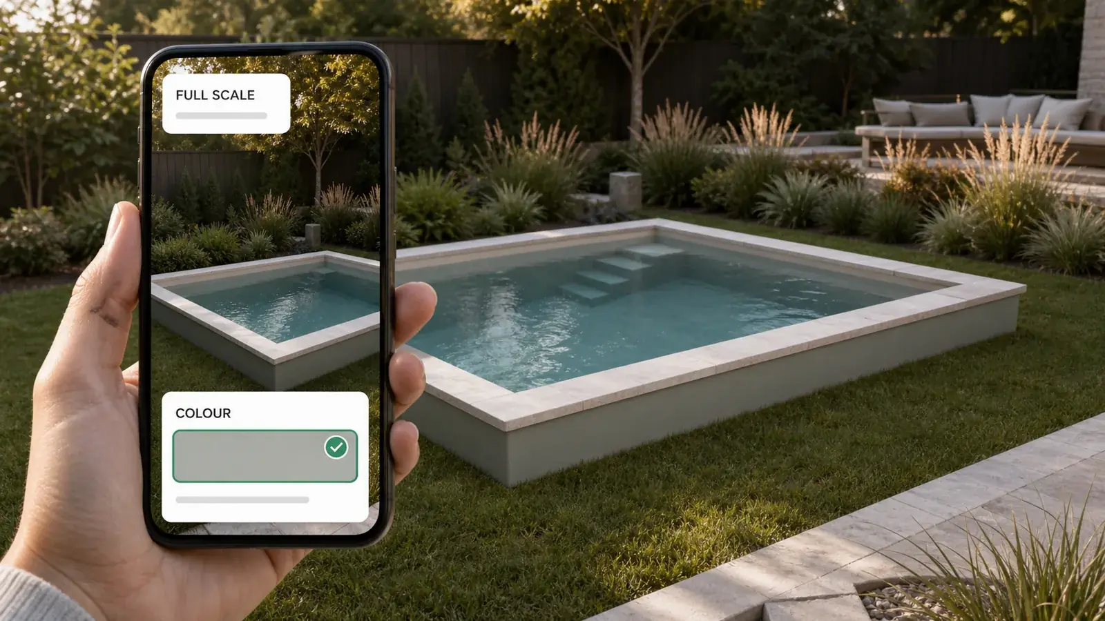 A configured fiberglass plunge pool placed in a buyer's own back yard through a phone, at the size and finish the quote prices.