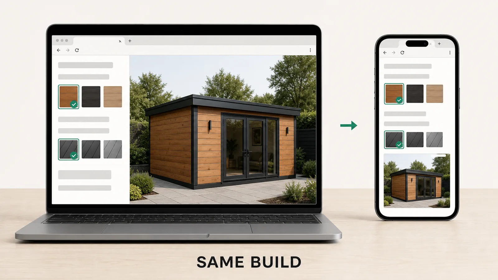 The same timber garden office configuration open in a browser on a laptop and on a phone, with no software installed on either.