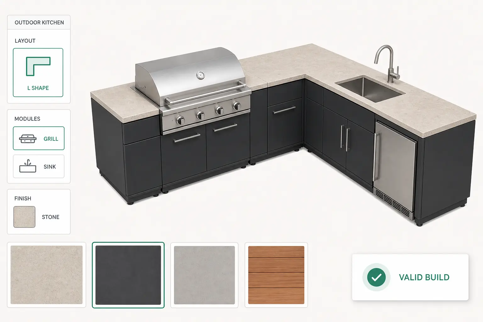 Interactive 3D configurator building a modular outdoor kitchen, with size, layout, and finish options applied to the live model.