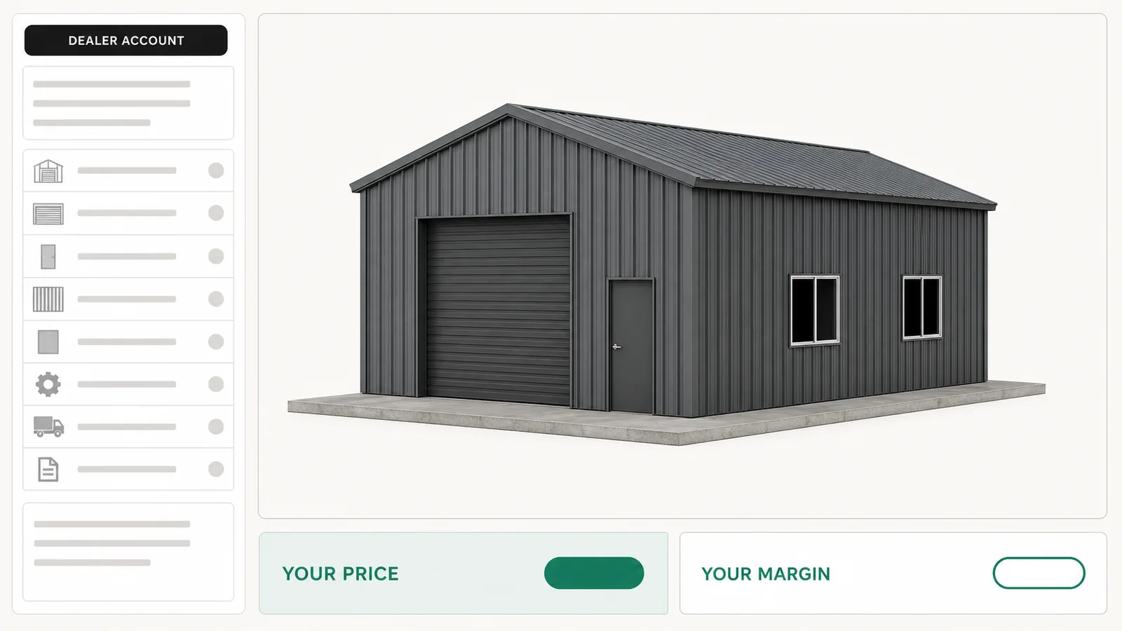 A dealer building a steel workshop unaided, with their own price list and their own margin shown on the configuration.