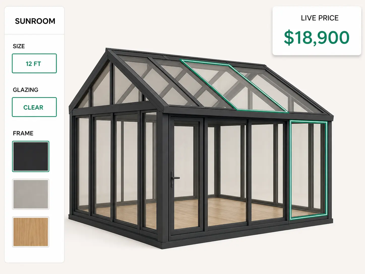 3D product configurator screen with a glass sunroom taking shape in the viewport, an option rail on the left, and a live total that moves with every click.