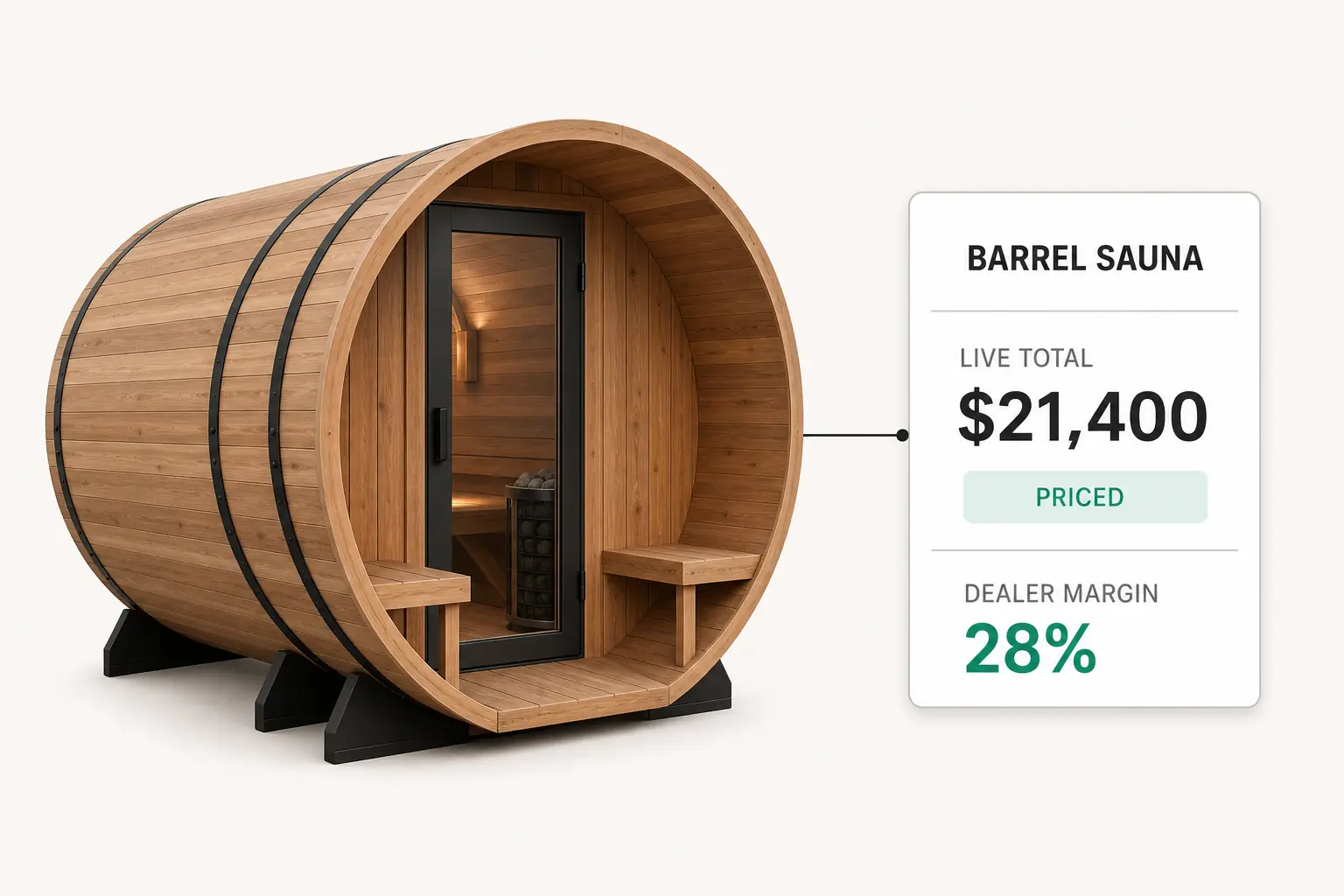 Configured cedar barrel sauna rendered in 3D beside a live price card whose total updates as options change.