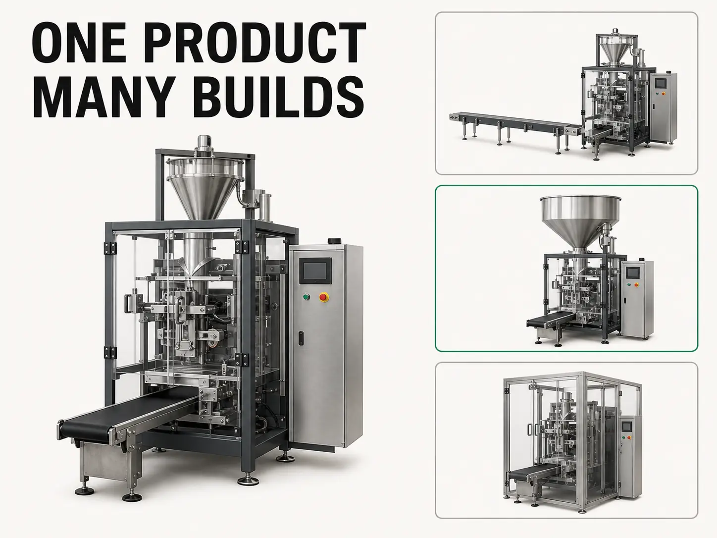 Configurable industrial packaging machine shown as a base unit with longer conveyor, larger hopper, and safety enclosure variants.