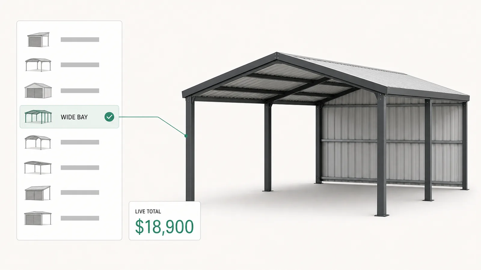 Real time 3D configurator applying a wider bay and a colour change to a steel carport, with the total moving on the same click.