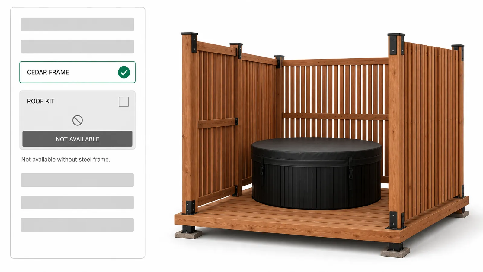 An option rule stopping an invalid cedar hot tub enclosure before it can be priced, with the blocked choice greyed out and the reason stated.