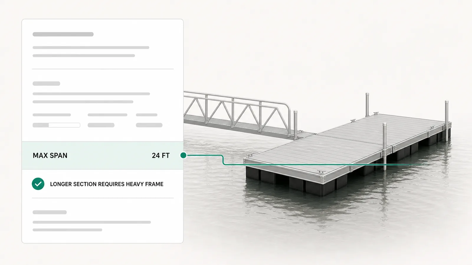 A maximum span rule on an aluminium boat dock, holding the longest section your shop will build and refusing anything past it.