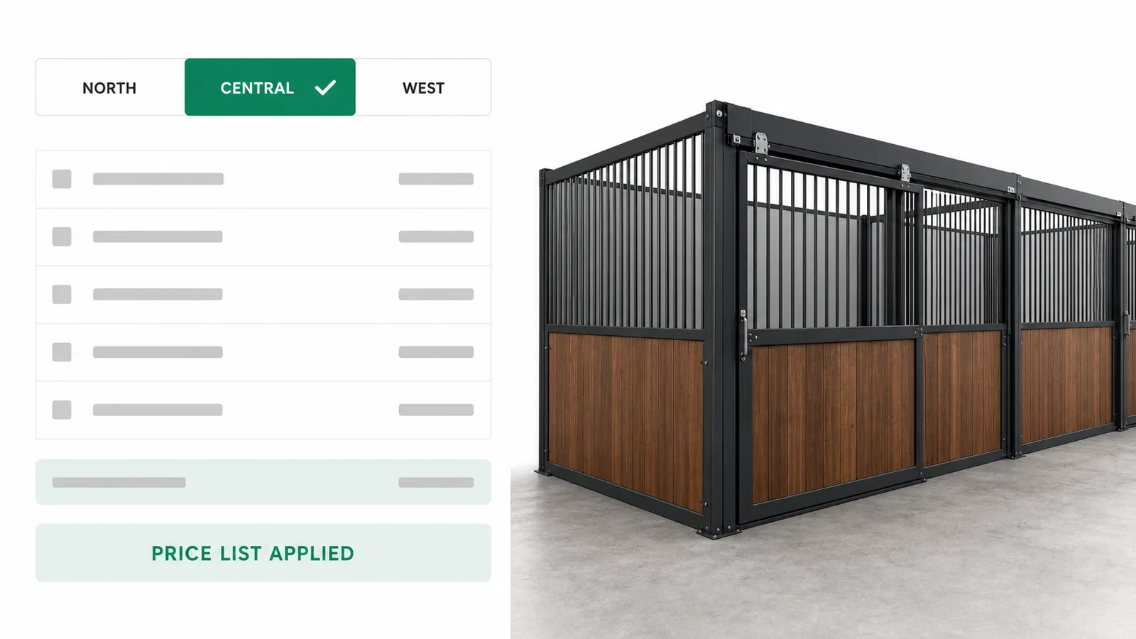 A price on every option of a modular horse stall system, with three dealer price lists sitting behind the same build.