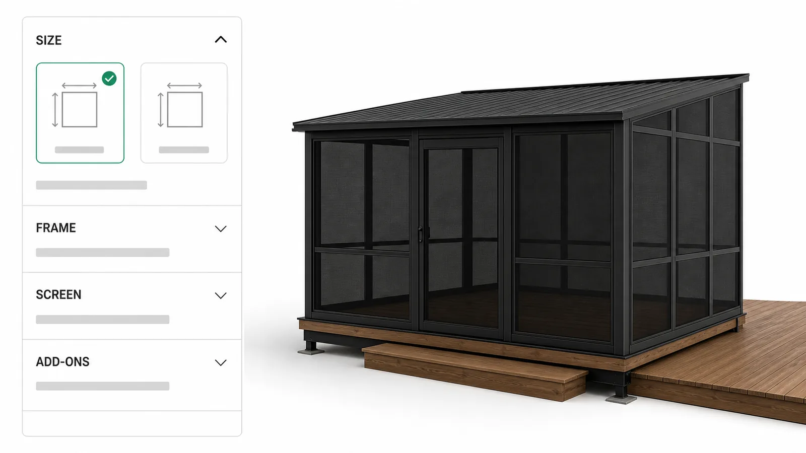 The option list for a screened porch enclosure, grouped as size, frame, screen, and add-ons in the order a dealer works through them.