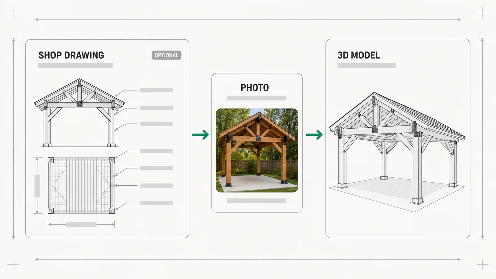 A shop drawing and a photograph of a finished timber pavilion becoming the 3D model the configurator uses.