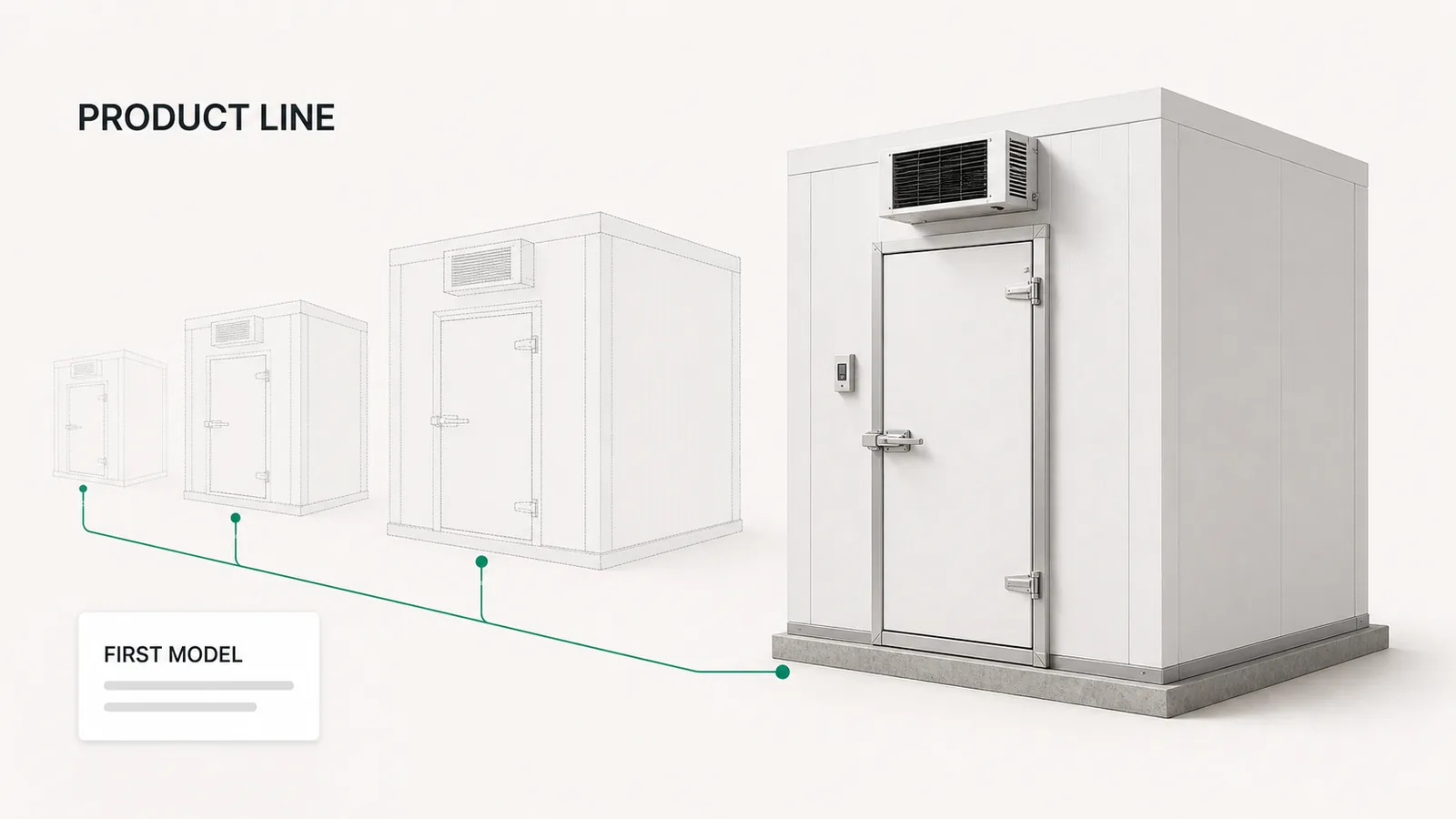 One modular walk-in cooler modelled first, with the rest of the line queued behind it as further sizes and door configurations.