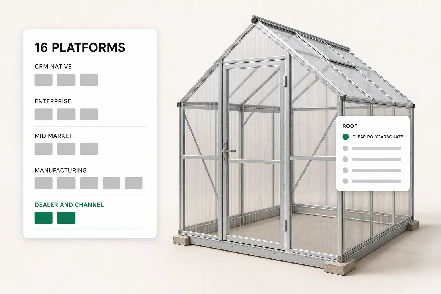 Sixteen CPQ platform tiles sorted onto five labeled shelves beside a configured steel frame greenhouse, the field the best CPQ software comparison covers