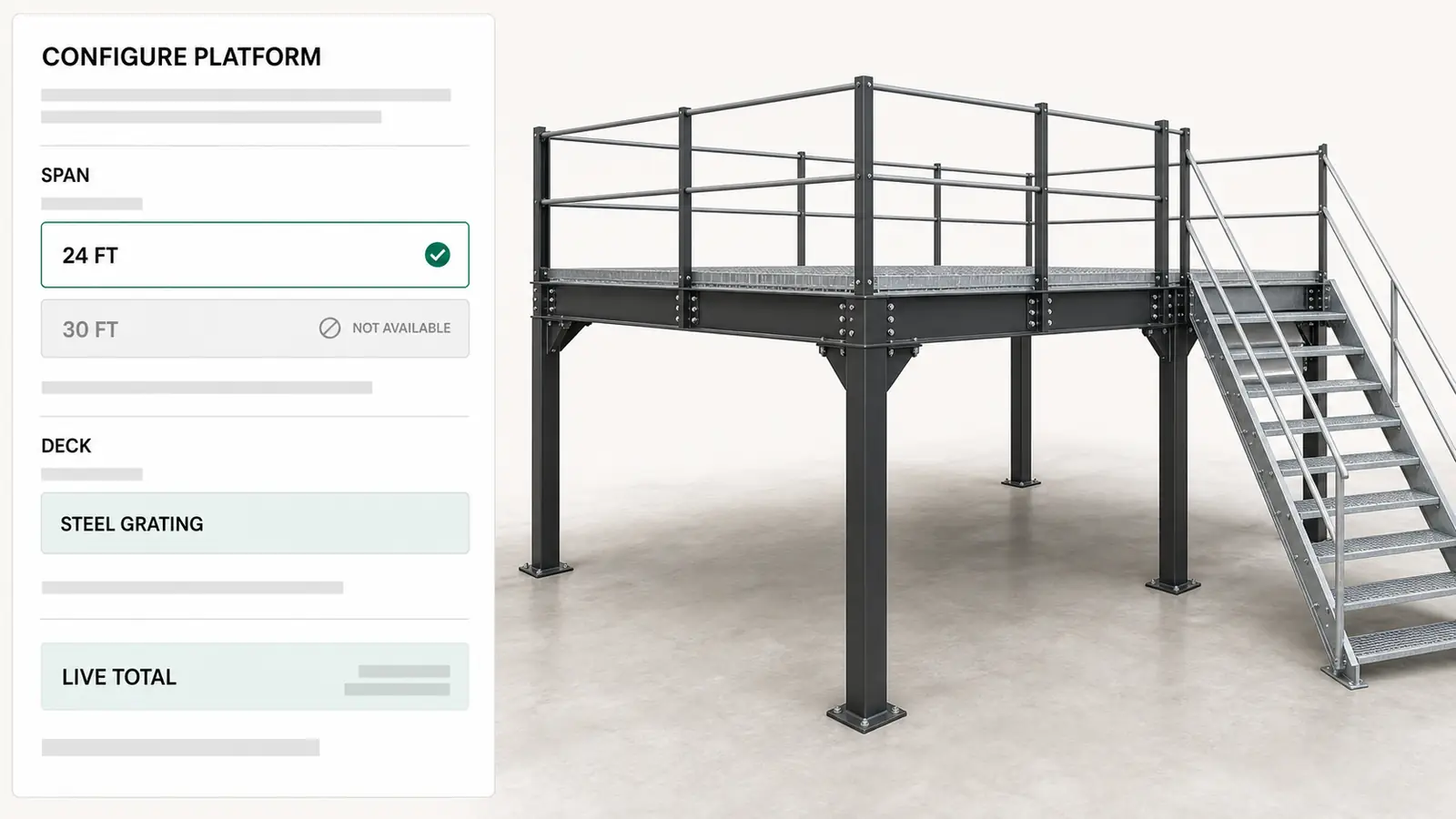 An industrial mezzanine platform configured on screen, option rail on the left and the build and price updating as rules check each pick