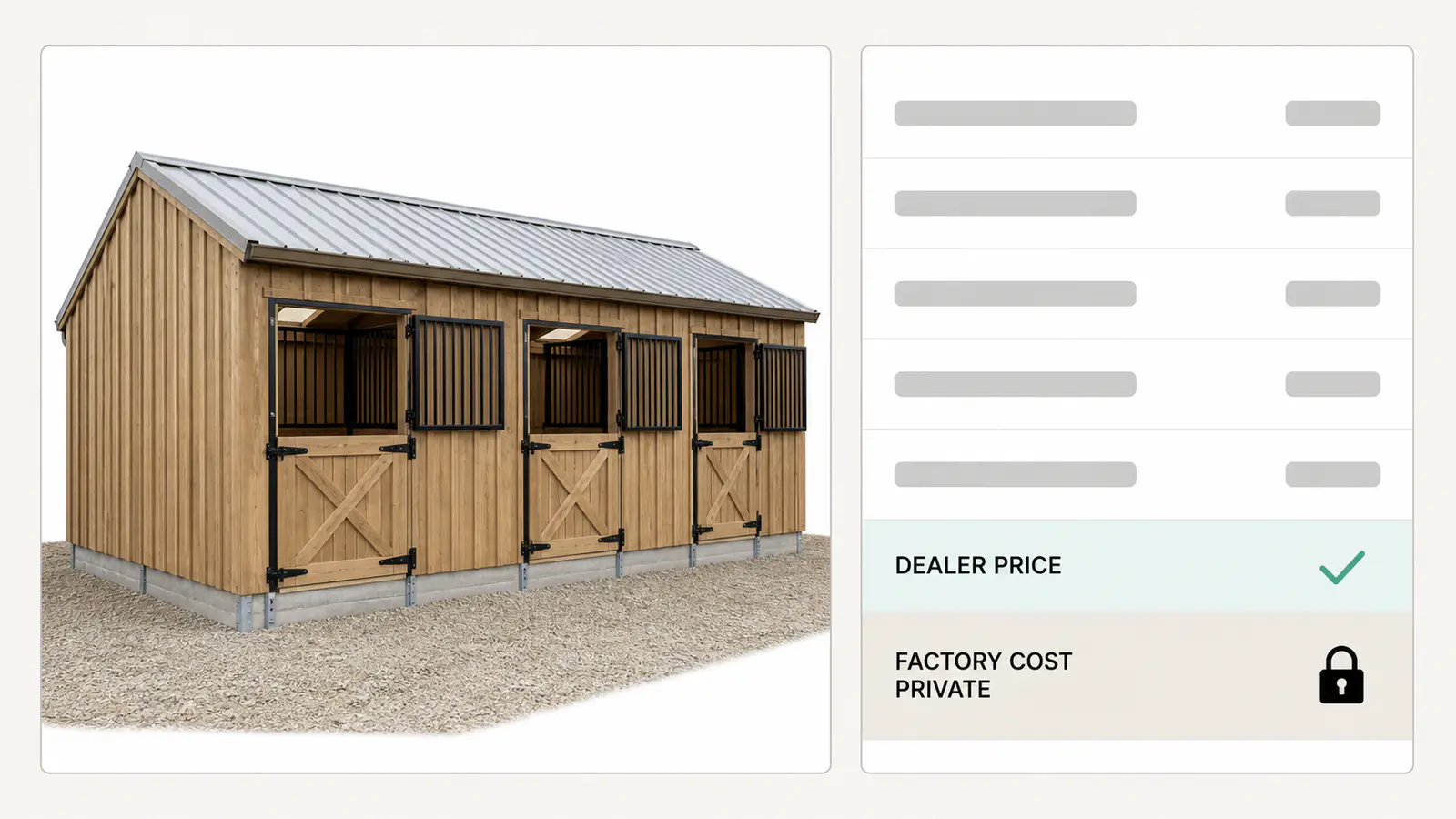A dealer quoting a configured timber horse stable on their own price list, the seat the best product configurator has to serve for a manufacturer selling through dealers