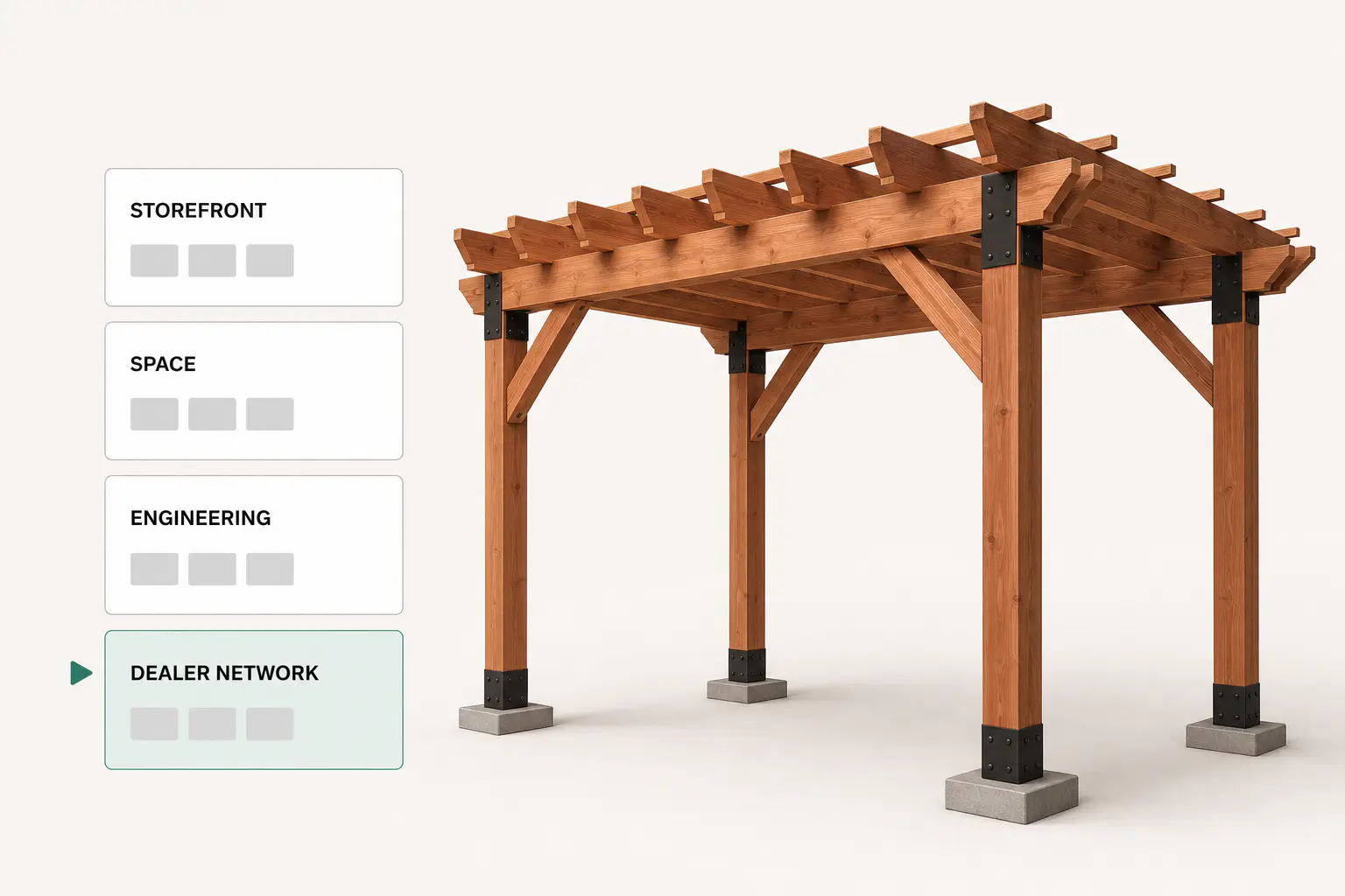 Twelve product configurator tiles sorted onto four labeled shelves beside a configured cedar pergola, the field this comparison of the best product configurators covers