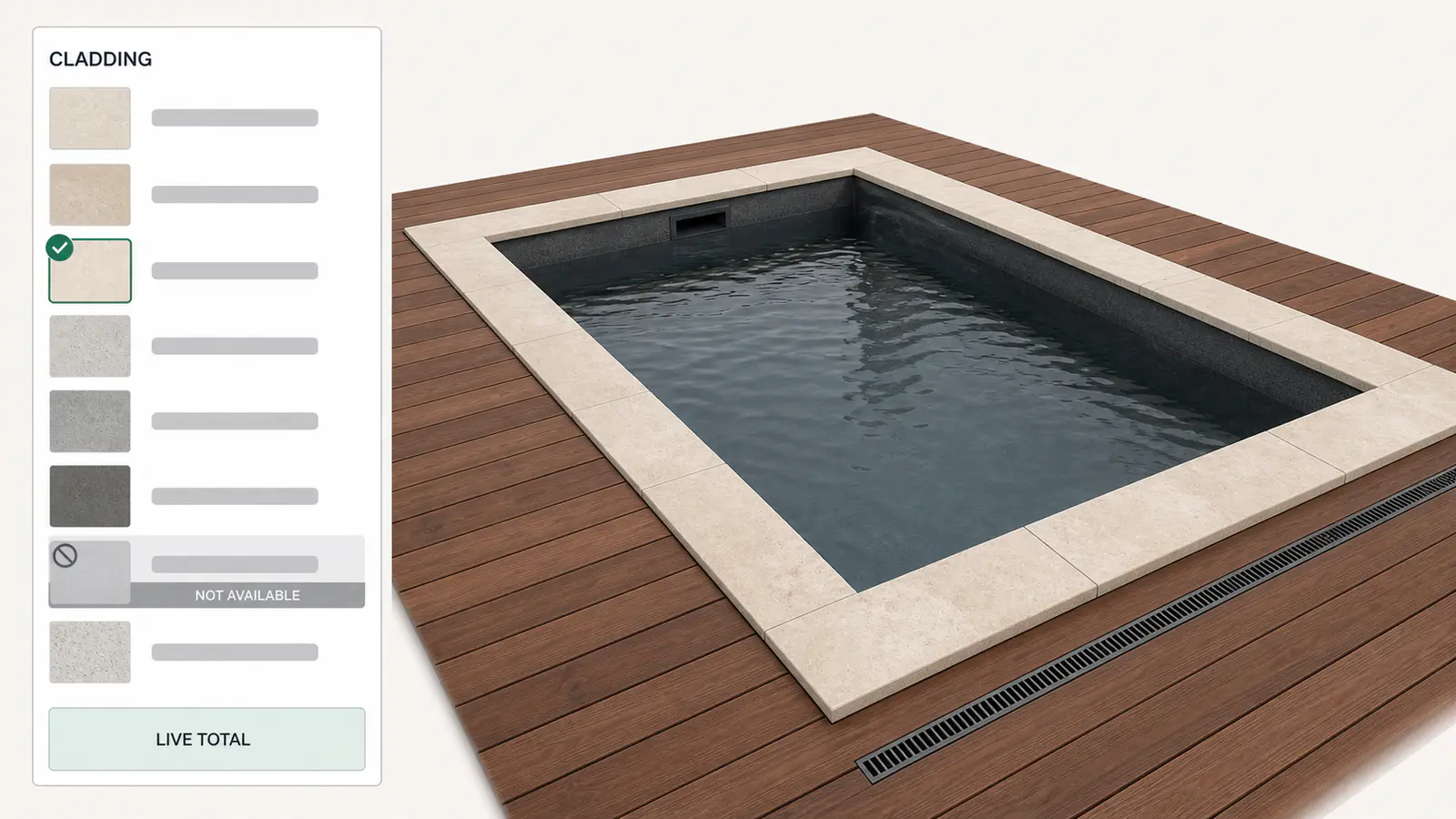 A live preview redrawing a configured plunge pool as options change with the price moving alongside, what the best product configurator does on screen