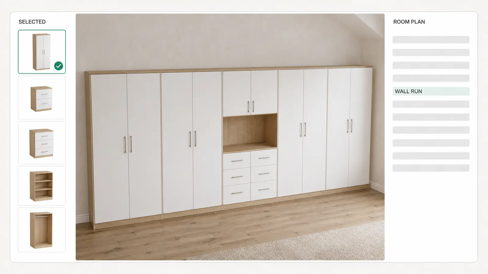 A modular wardrobe run being arranged in a room planner, the space level view this kind of product configurator is built for