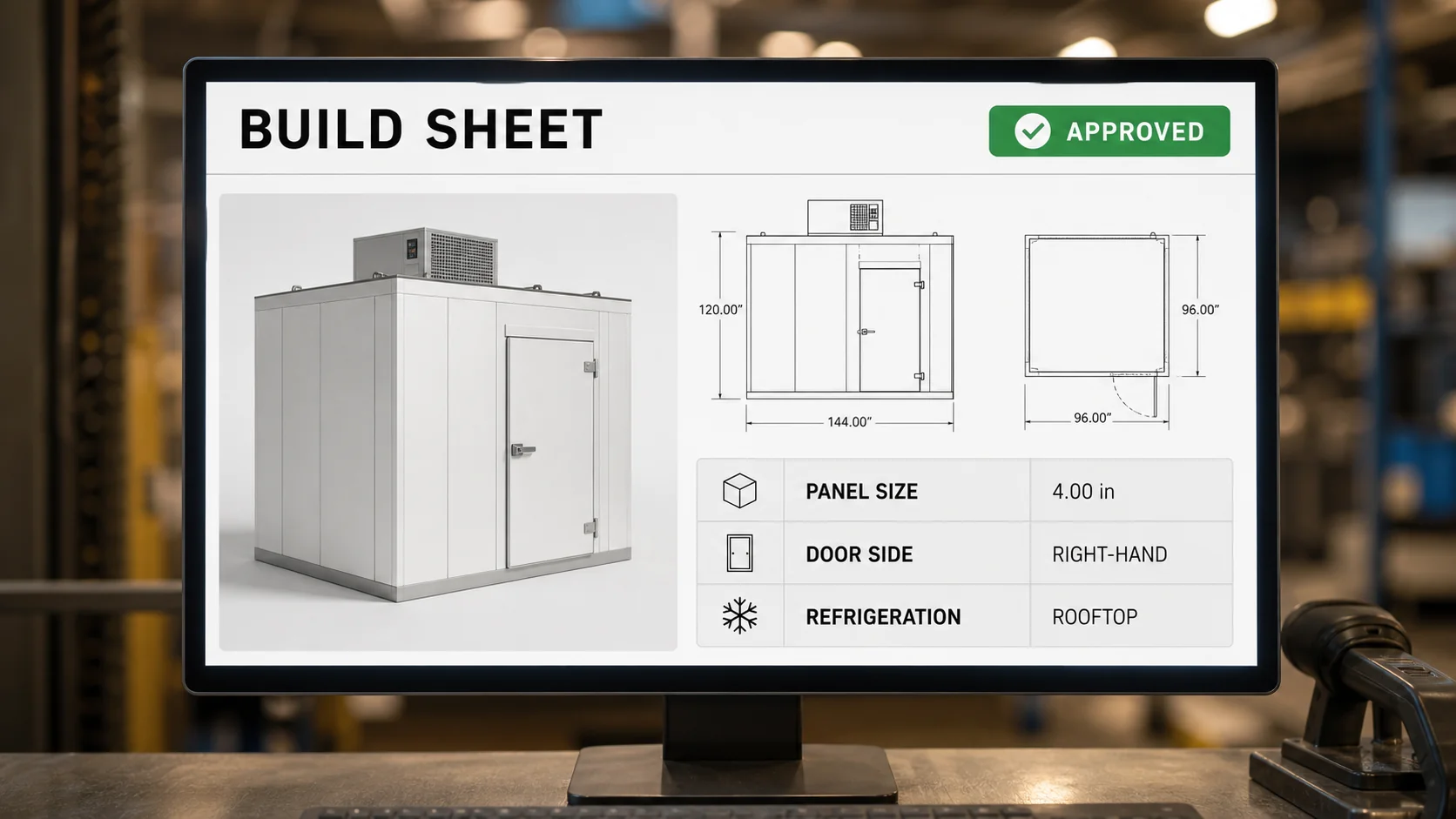 The approved build sheet for a configured walk-in cooler on a shop floor terminal, with the job number carried from the dealer’s order.