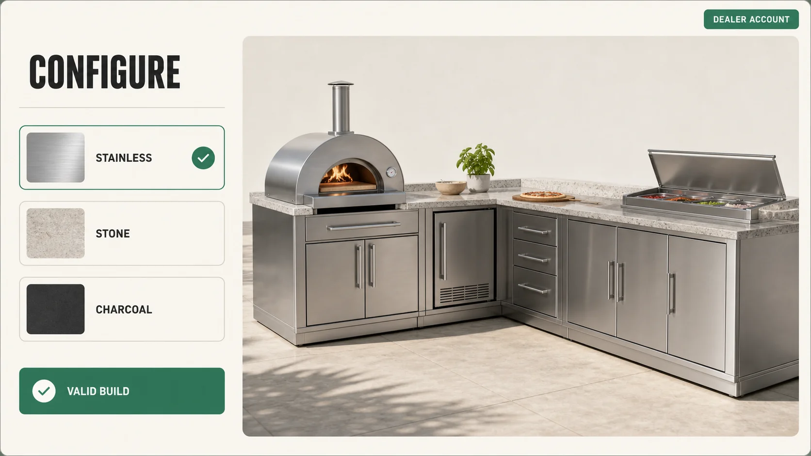 Dealer configuring a stainless steel outdoor pizza kitchen inside their own portal login, with material choices and a valid build state.