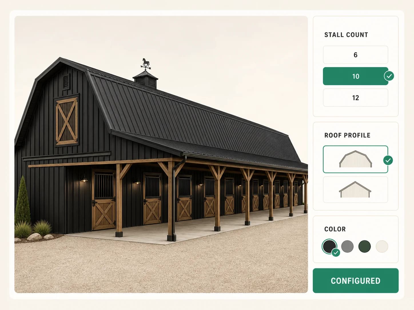 A configured modular horse barn as a dealer presents it to a buyer, with the chosen stall count, roof profile, and colour picked out.