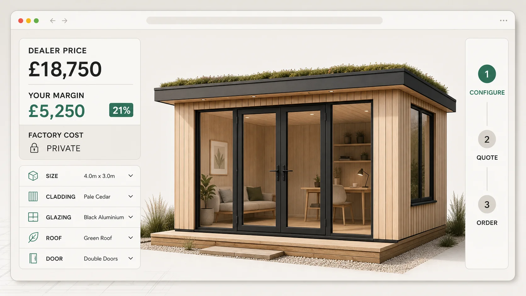 B2B customer portal on a configurable timber frame garden studio, with the dealer’s own price and margin and the factory cost private.
