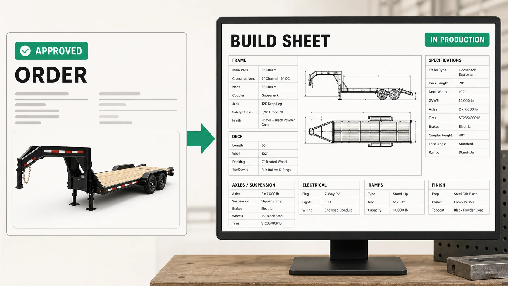 Approved dealer order for a gooseneck equipment trailer becoming a shop ready build sheet, with nothing retyped.