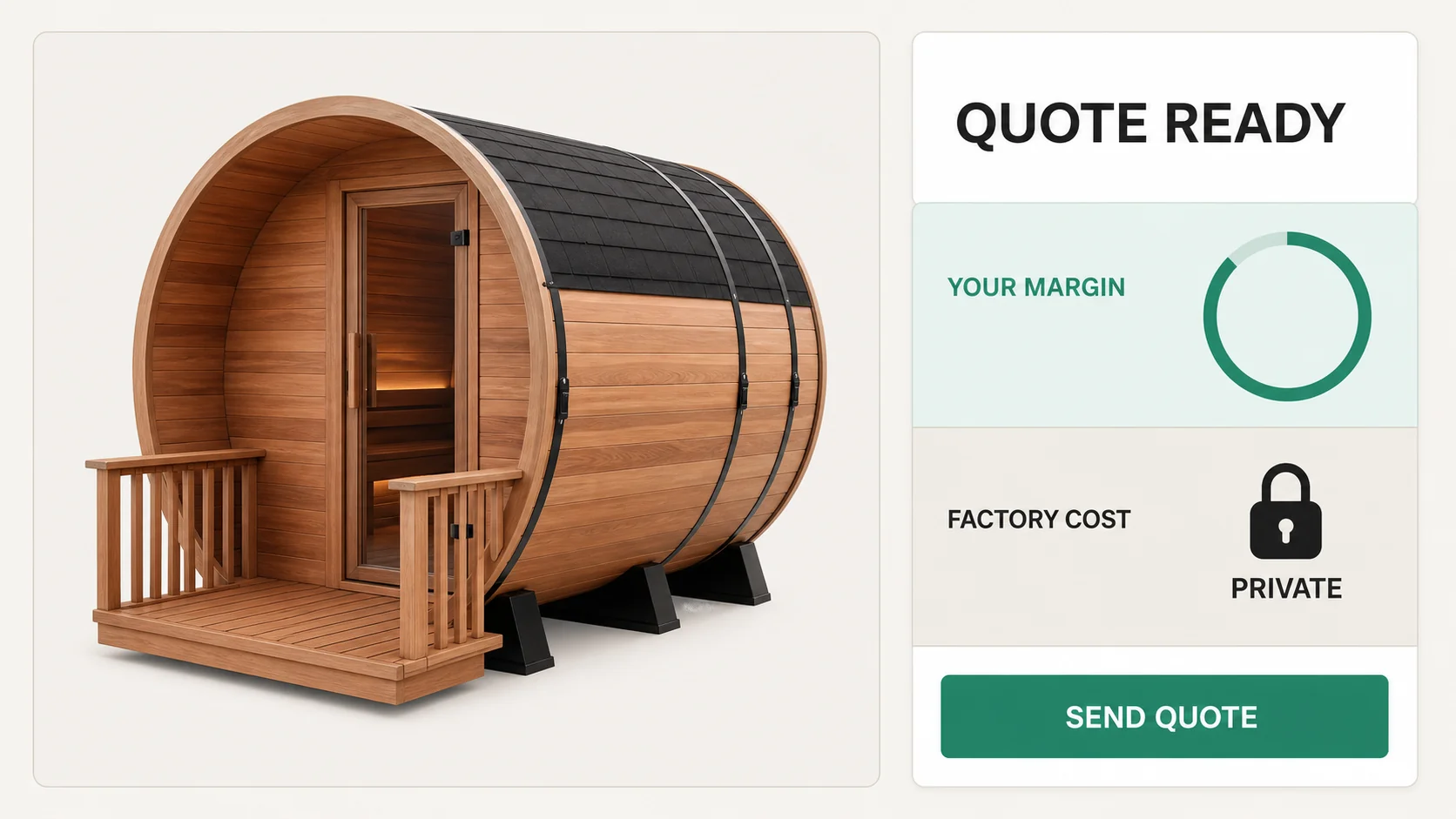 Dealer quote for a cedar barrel sauna in the B2B customer portal, with the dealer margin visible and the factory cost private.