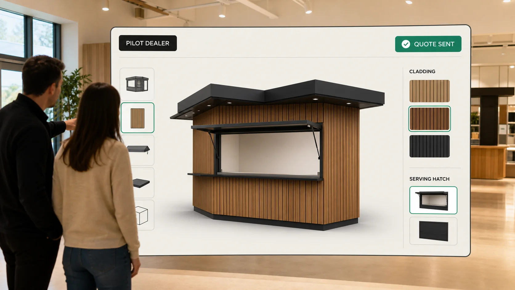 A pilot dealer configuring a modular retail kiosk with a buyer, on the first live deal after the rollout.