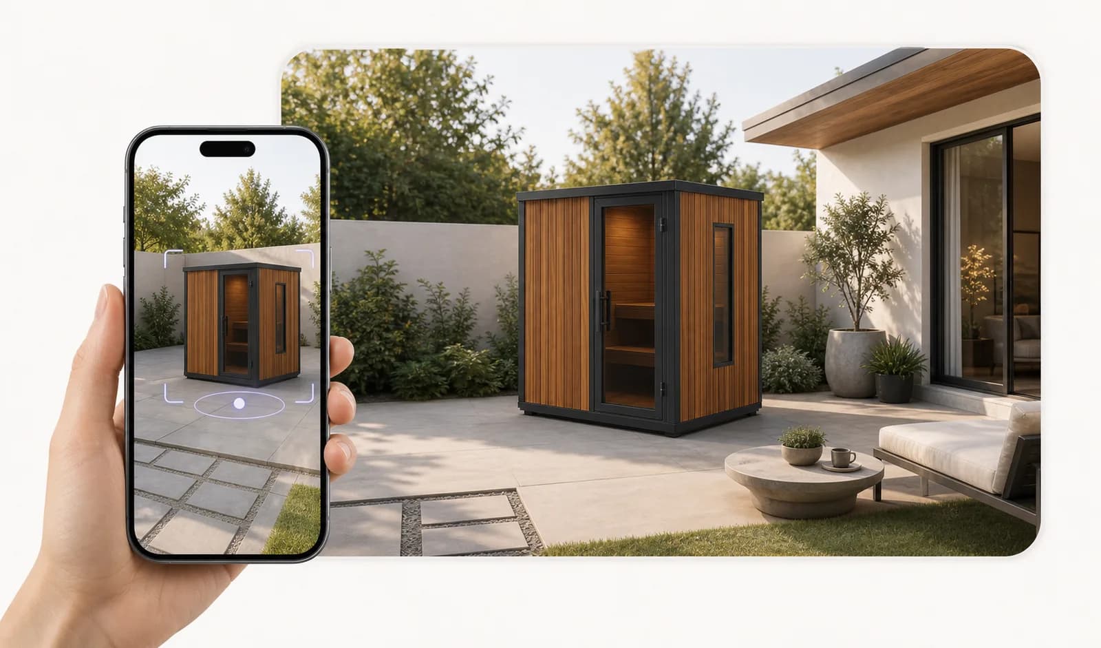 Phone using augmented reality to place a configured outdoor sauna in the buyer's backyard.