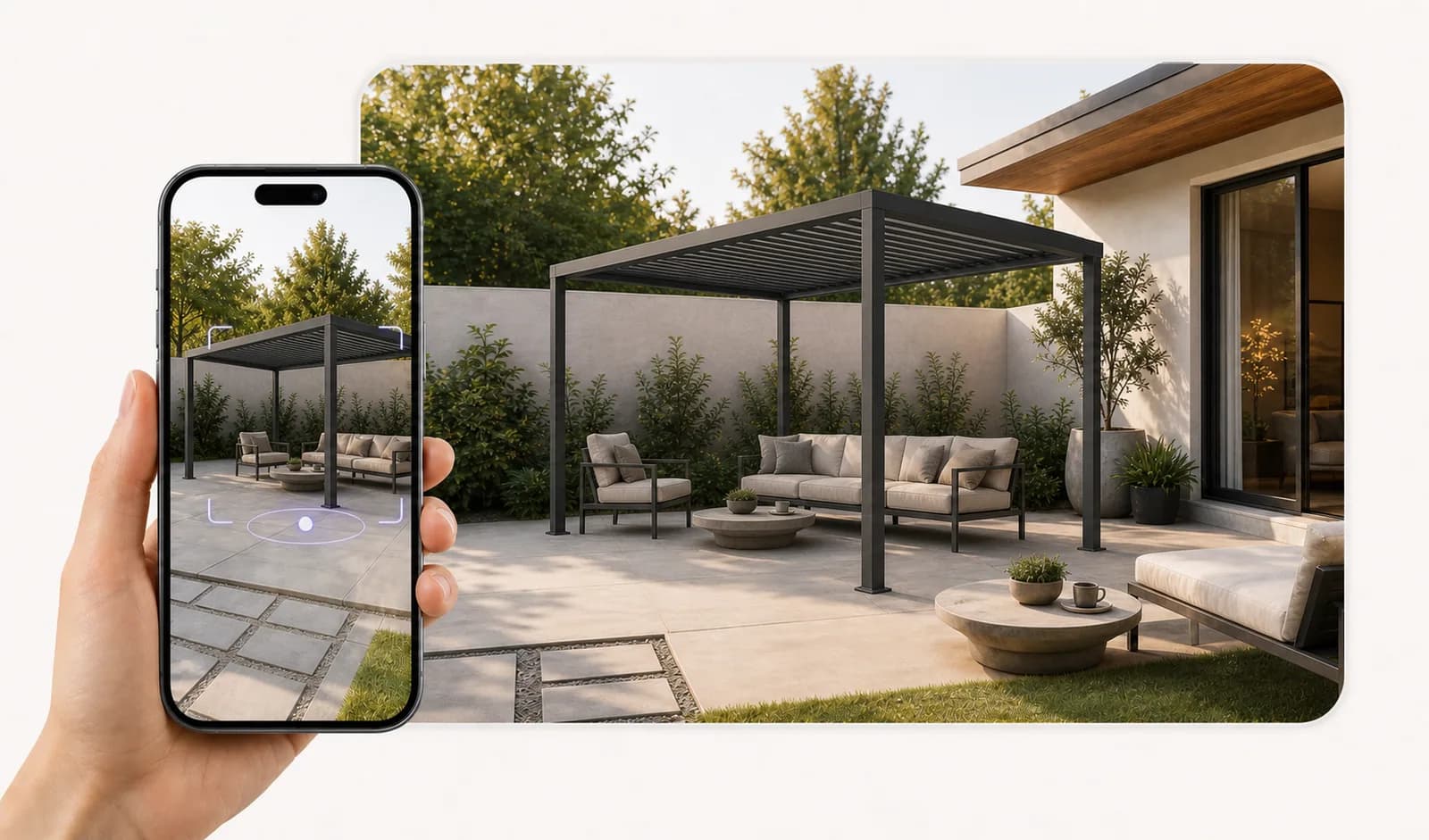 Hand holding a phone that places the configured aluminum pergola in the buyer's backyard using augmented reality.