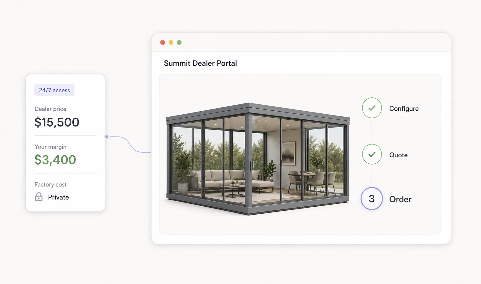 Dealer portal showing a configurable glass garden room, dealer pricing and margin, private factory cost, and the configure-to-order workflow.