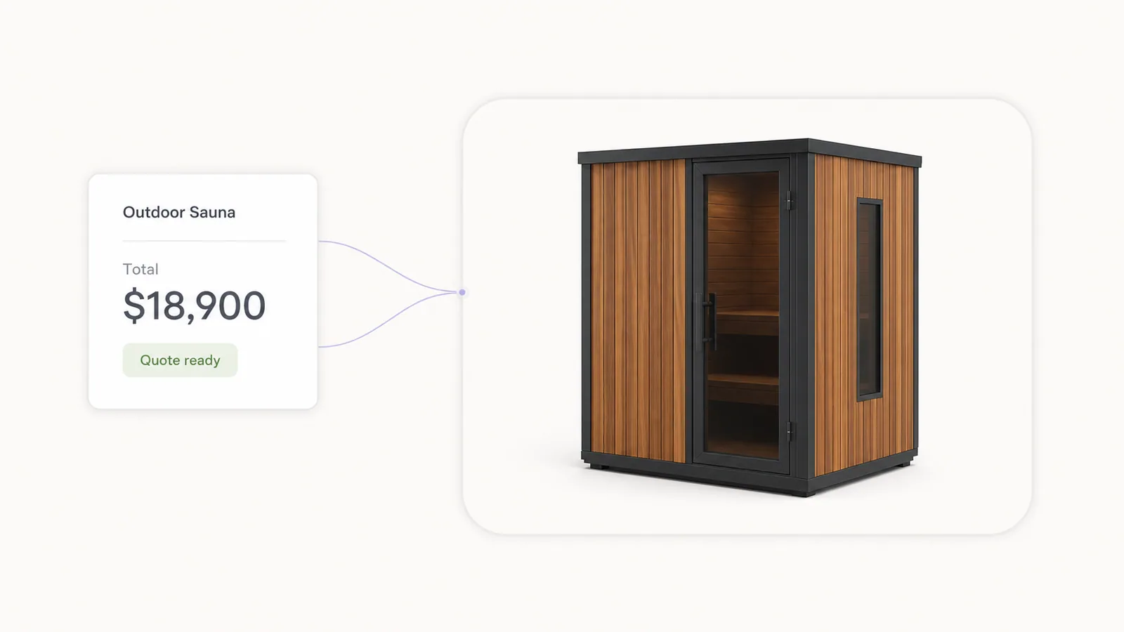 Dealer quote for an outdoor sauna: a quote-ready card with an $18,900 total linked to the 3D sauna render.