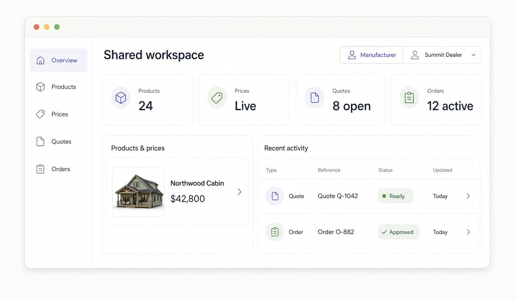 Shared manufacturer and dealer software dashboard showing products, live prices, open quotes, active orders, and recent activity in one workspace.