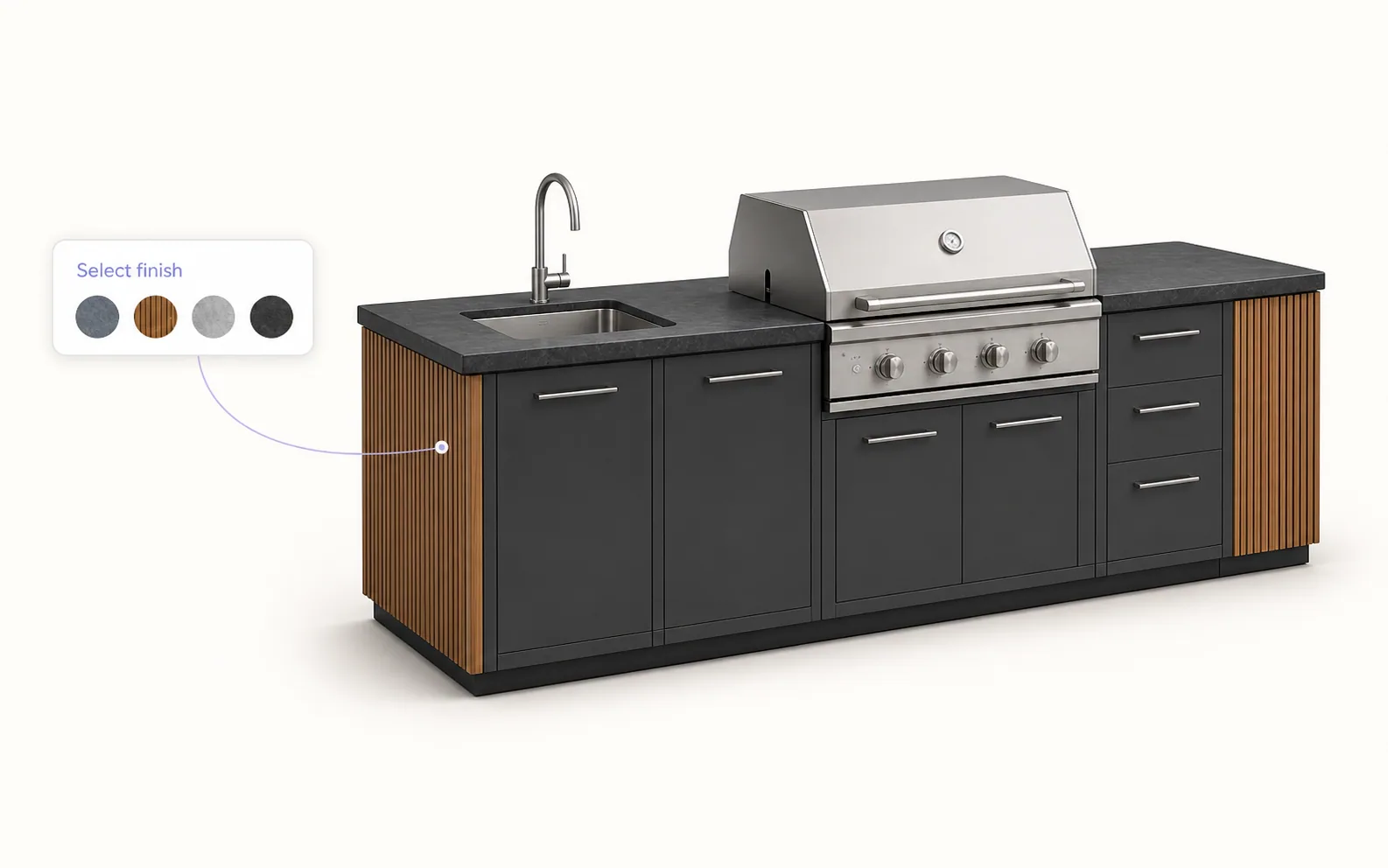 3D render of a modular outdoor kitchen in the configurator with a finish picker showing four material swatches.