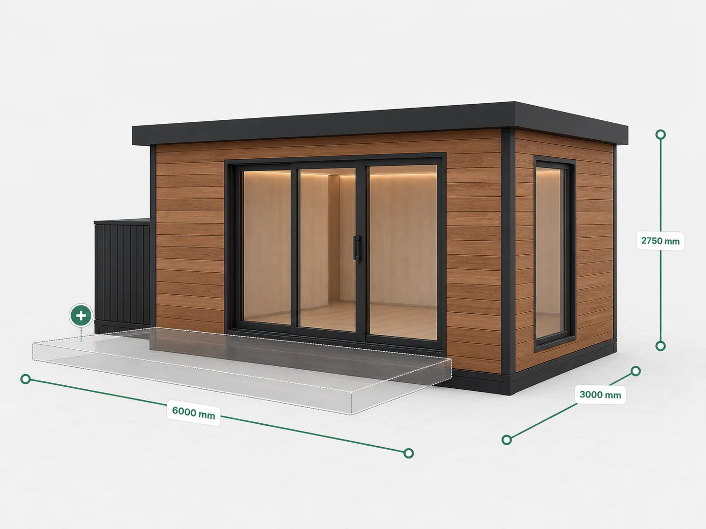 Garden cabin in a 3D configurator with sliding glass doors, dimension callouts, and an optional deck outline.