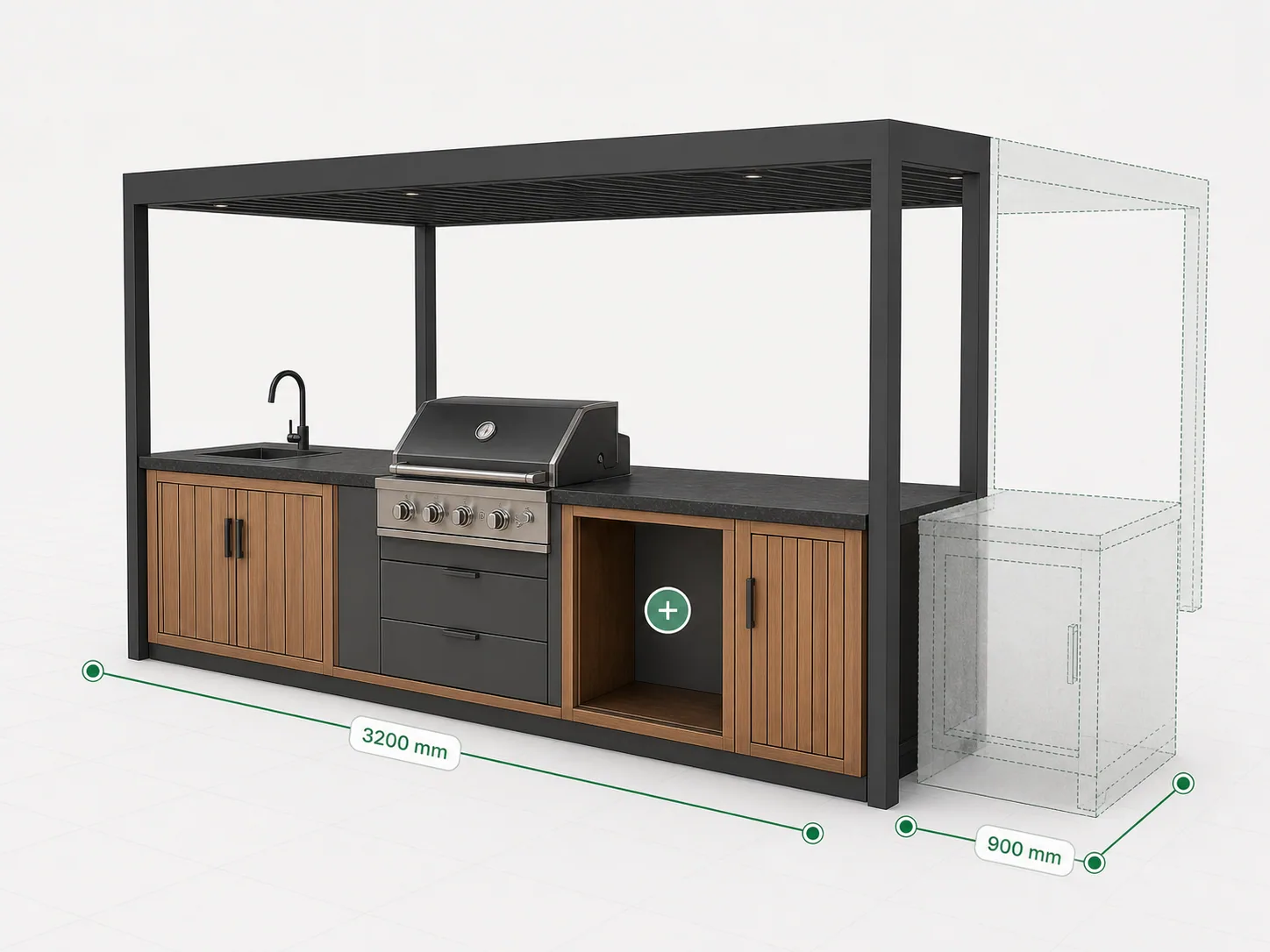 Modular outdoor kitchen in a 3D configurator with grill, sink, pergola frame, and a ghosted add-on cabinet module.