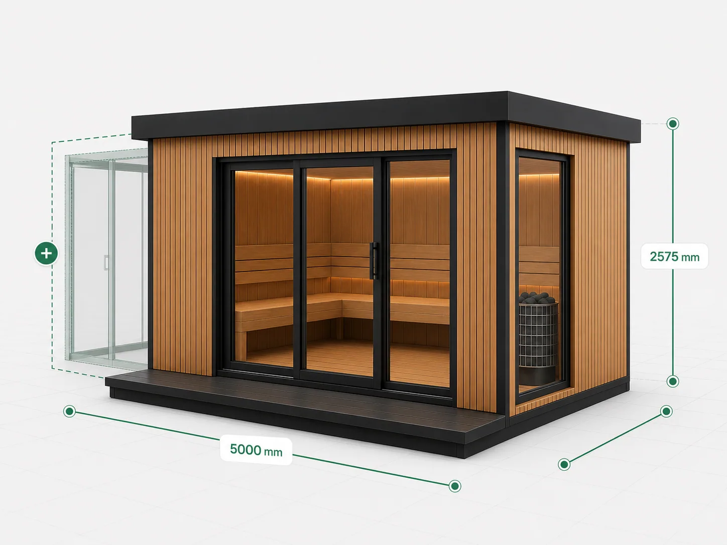 Outdoor sauna in a 3D configurator, cedar cladding and glass doors, with dimension callouts and an add-room control.