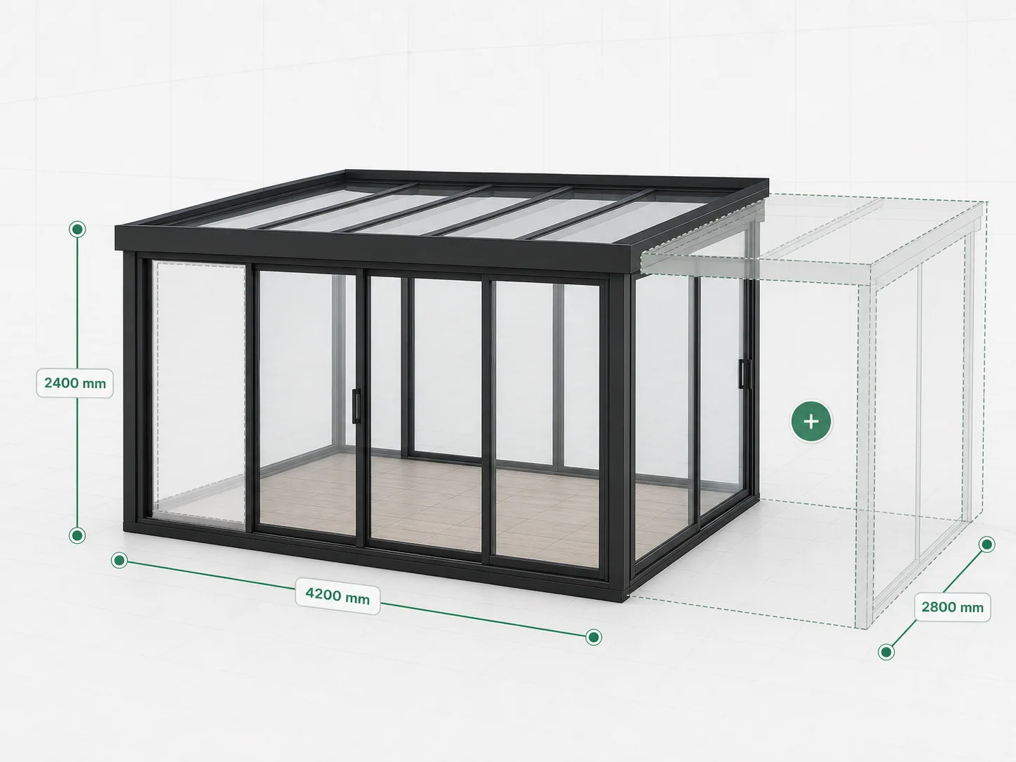 Glass sunroom in a 3D configurator with dimension callouts and a ghosted extension module being added.