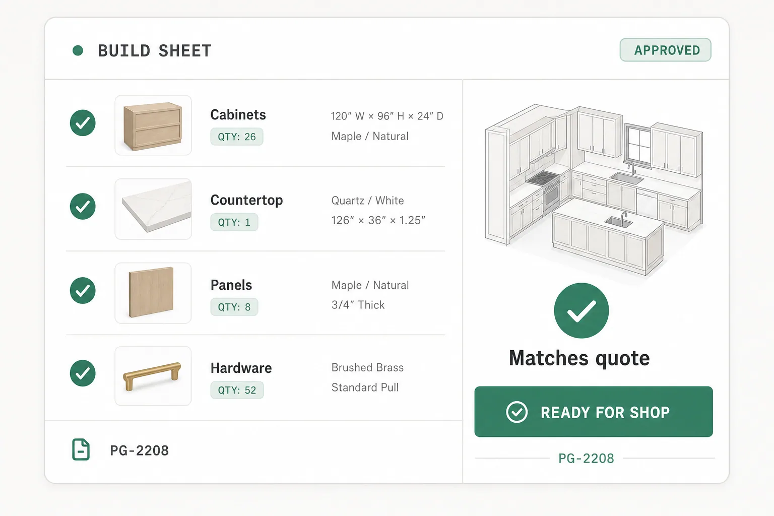 Approved production build sheet with checked kitchen parts, measurements, and ready for shop status.