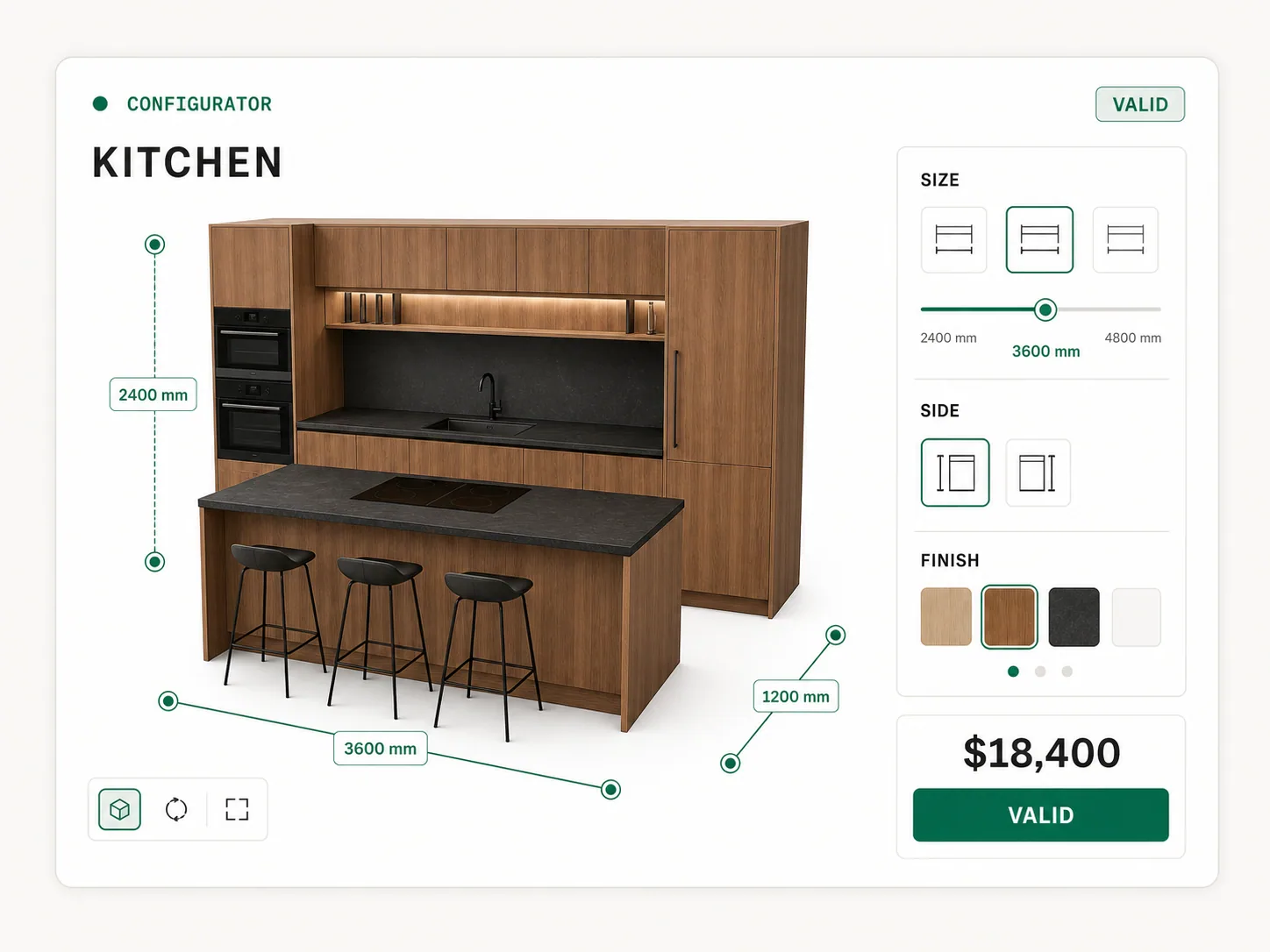 Kitchen configurator with editable size, side, finish, price, and valid status.