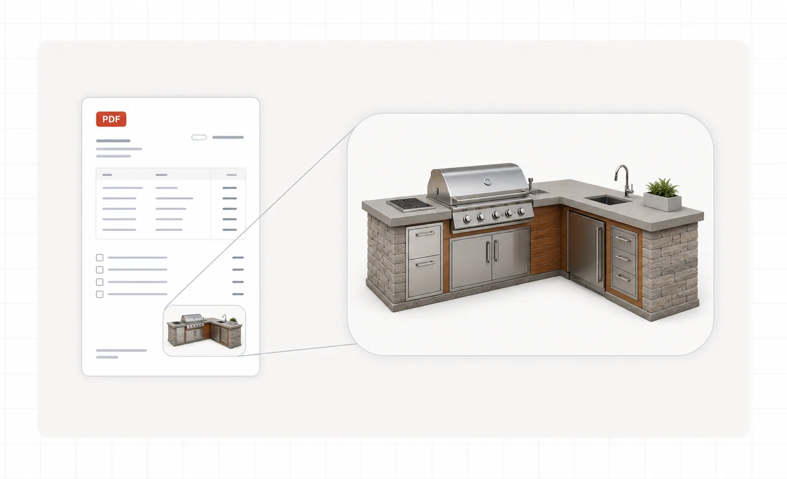 Outdoor kitchen dealer quote: a PDF with line items and a checklist beside an enlarged 3D render of the configured grill island.