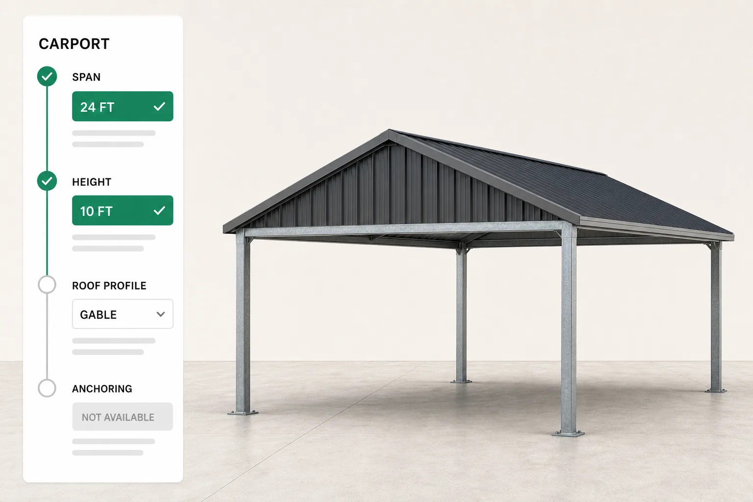 Guided selling configurator specifying a steel carport, with span and height answered first and the roof and anchoring options narrowing to match.