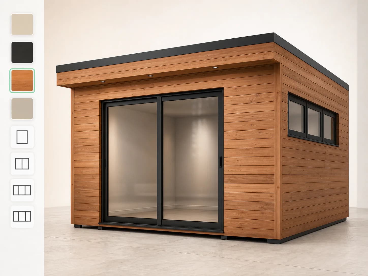 A configured timber garden office as a dealer shows it to a buyer, with the chosen cladding, door, and window layout picked out.