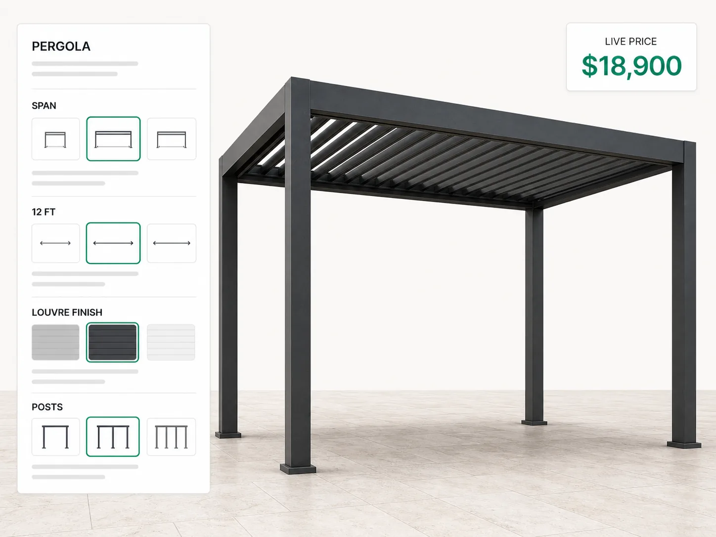 Sales configurator screen with a louvered pergola being specified, an option rail on the left, and a running total that moves with every choice.