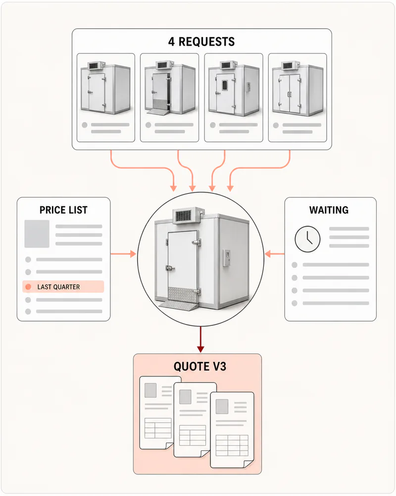 The manual quote path: four walk-in cooler requests, last quarter's price list, a waiting step, and three versions of the quote.