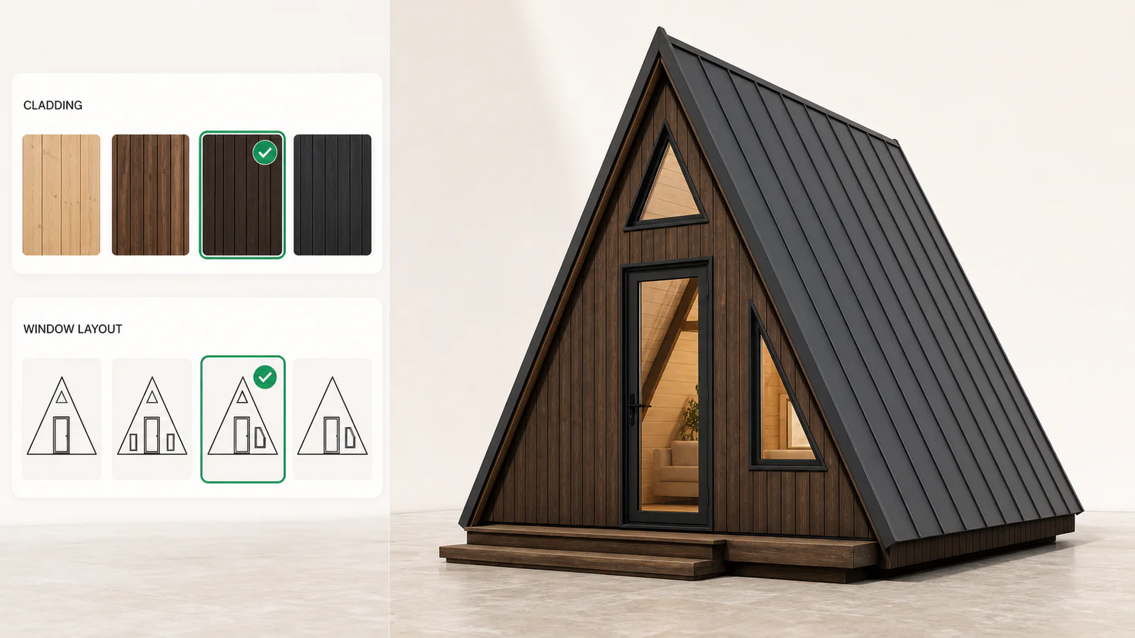 Interactive sales configurator showing a timber A-frame cabin change on screen the moment the cladding and window options are picked.