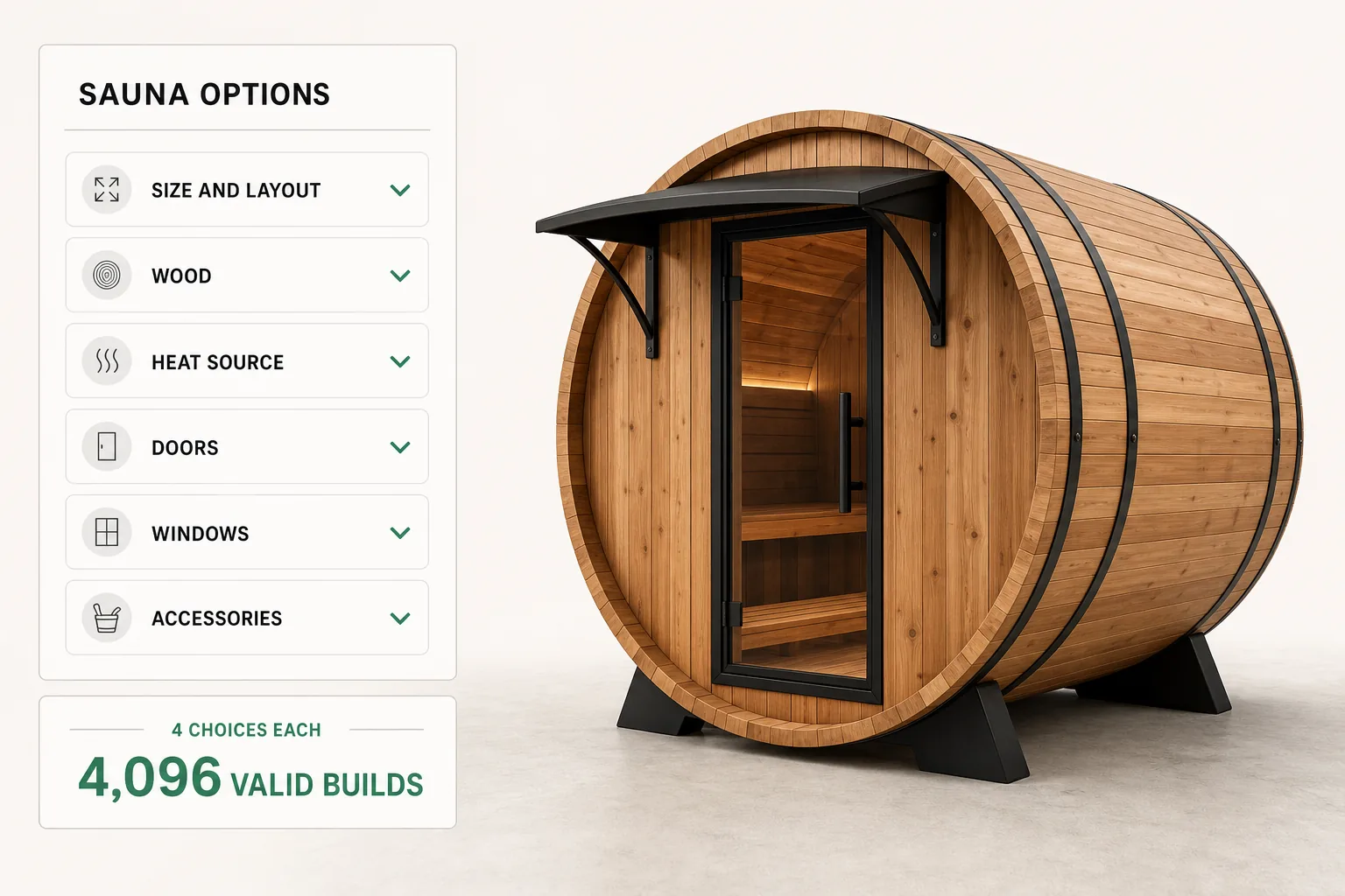 Option groups behind one barrel sauna, listed as size and layout, wood, heat source, doors, windows, and accessories, with the number of valid builds under them.