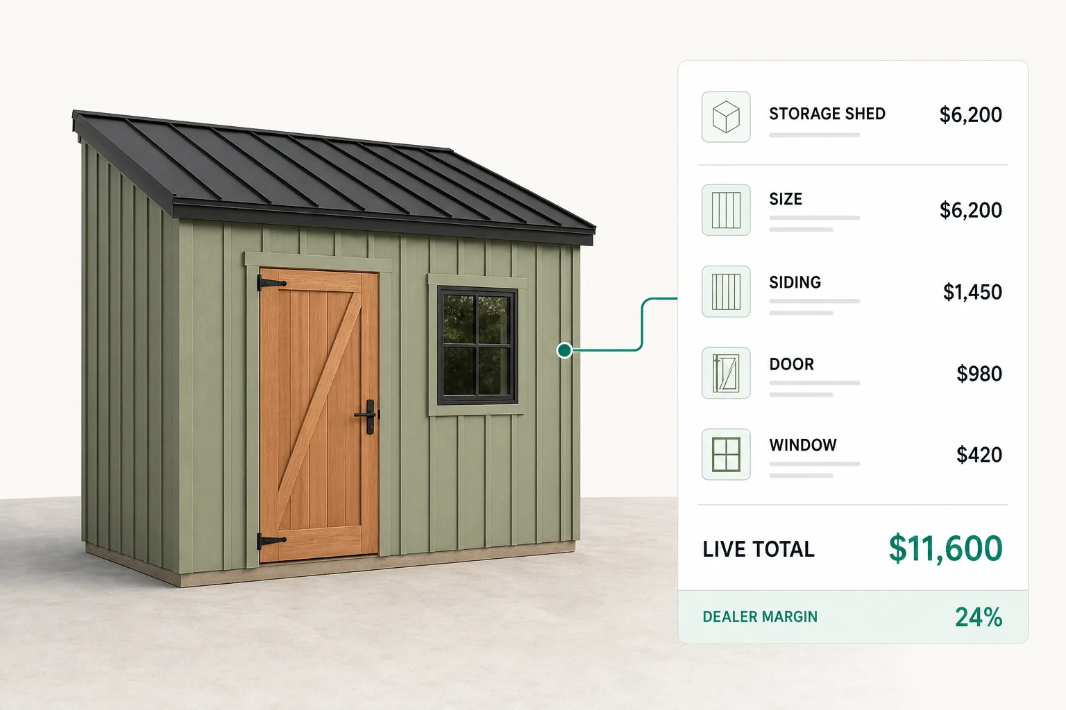 Live pricing panel beside a configured storage shed, with each option priced on its own line and the running total moving as the size changes.