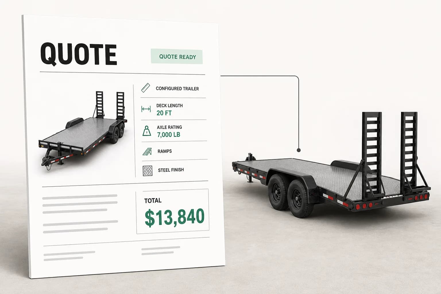 Finished quote for a configured flatbed trailer, its line items carried over from the configuration and a quote ready status on the card.